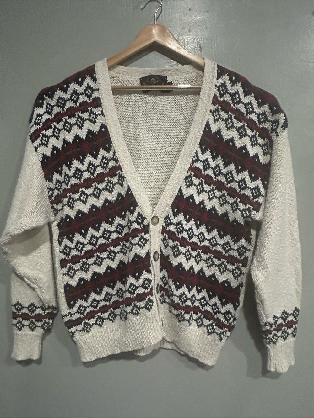Vintage Men's Cream and Burgundy Fair Isle V-Neck Cardigan 100% Cotton